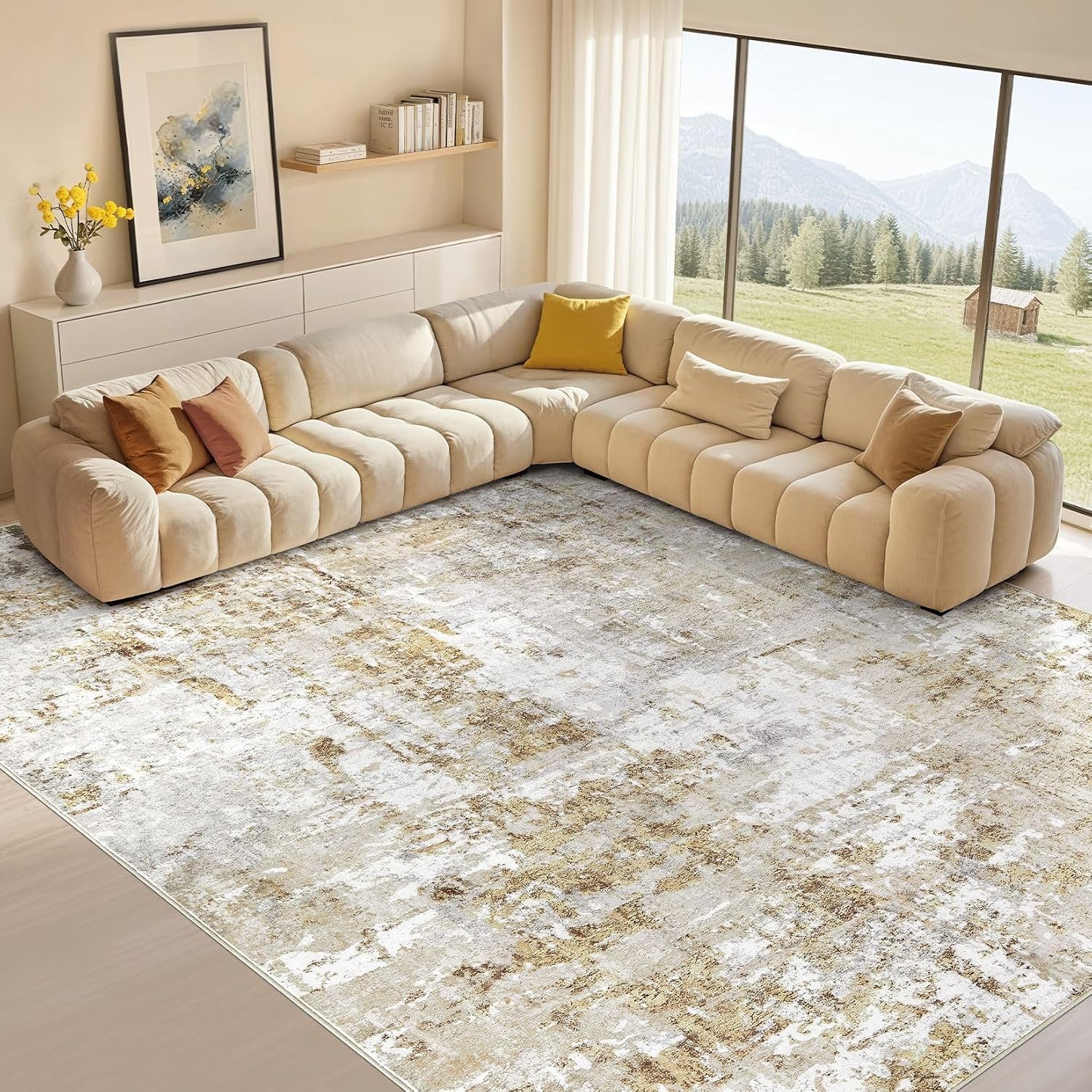 10x14 Rug for Living Room : Soft Abstract Washable Non-Slip Durable Rugs, Neutral Modern Indoor Carpet for Bedroom Dining Room Home Office - Yellow Brown