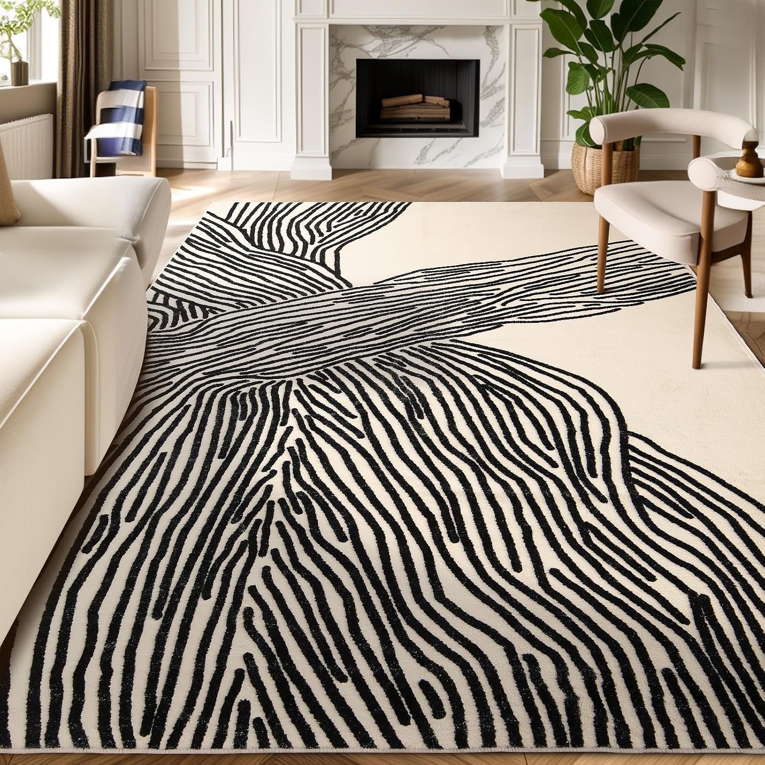 9×12 Ft Area Rugs Non-Shedding Washable Rug, Bedroom Living Room Dining Room Office Playroom Nursery Nonslip Modern Large Rugs Soft Faux Wool Contemporary Striped Rugs-Black and White Rug
