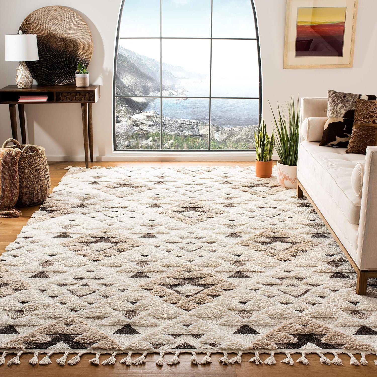 Tassel Shag Collection Area Rug - 8' x 10', Ivory & Brown, Boho Design, Non-Shedding & Easy Care, 2-inch Thick Ideal for High Traffic Areas in Living Room, Bedroom